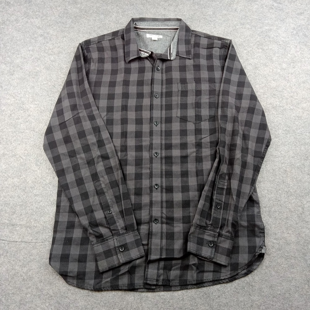 Sun + Stone Shirt Mens Medium Gray Plaid Cotton Blend Button Front Long Sleeve